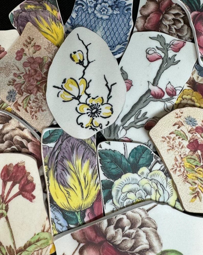 Large Floral Pottery Shards 2-1/2"- 3": Vintage Tumbled Pieces for Jewelry, Mosaics - Etsy | Etsy (US)