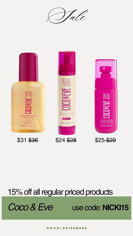 I am loving Coco & Eve products for self tanning this spring, and you can get 15% off regular-priced products with my code: NICKI15

Coco & eve, tanning products, bronzing face drops, self tan, spring style, summer beauty, beauty sale

#LTKsalealert #LTKstyletip #LTKbeauty