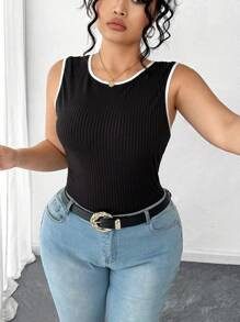 Elenzga Plus Size Women Elegant Ribbed Knit Camisole Top With Bowknot Back Detailing | SHEIN