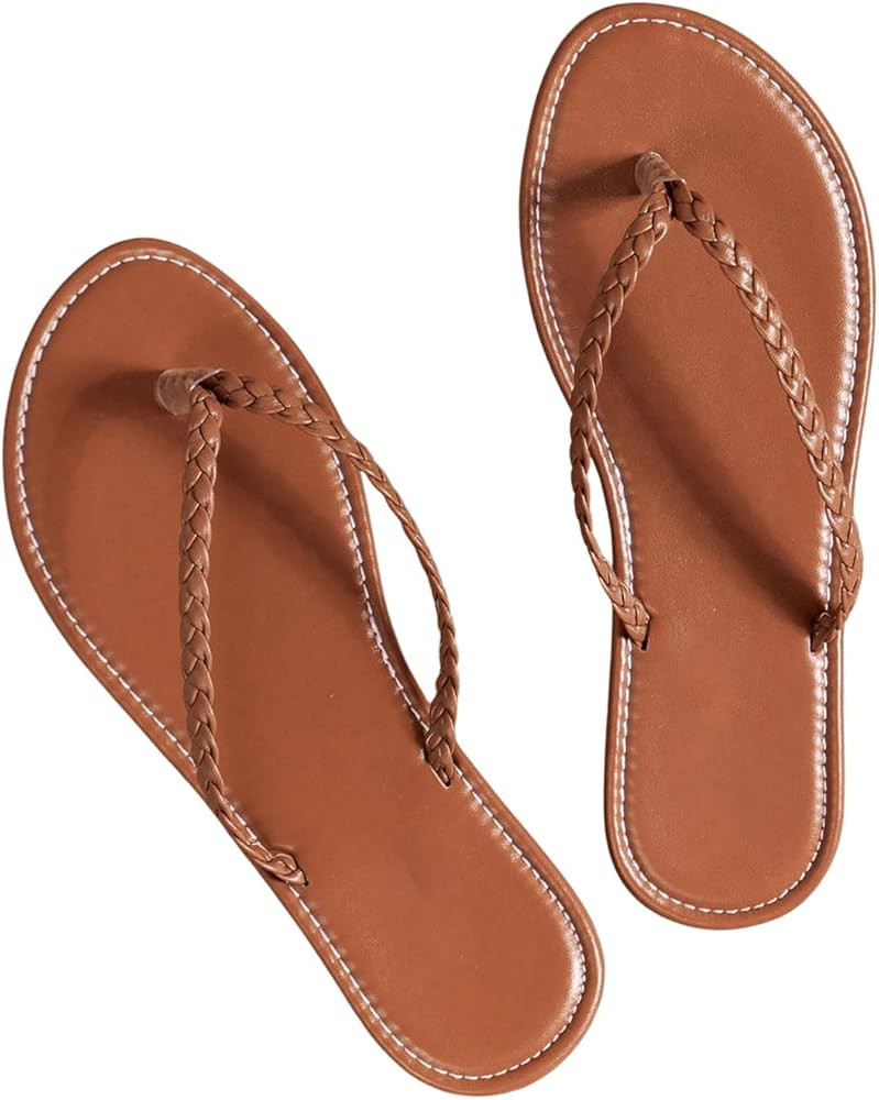 GORGLITTER Women's Braided Flip Flops Leather Outdoor Slippers Open Toe Thong Sandals | Amazon (US)