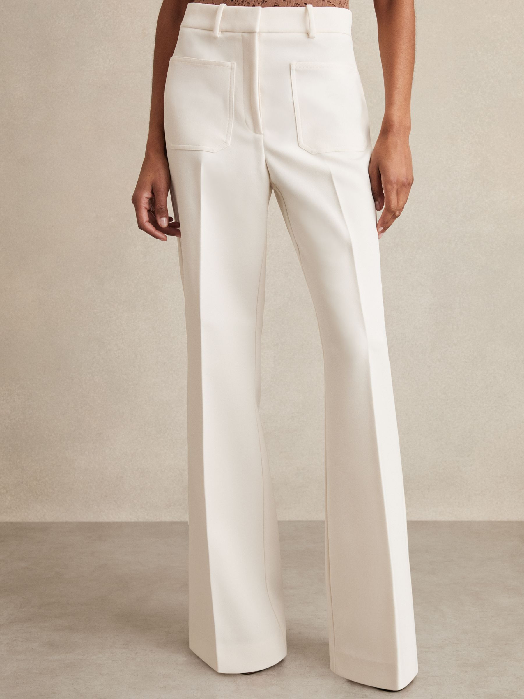 Twill Patch-Pocket Flared Trousers in Cream | Reiss UK