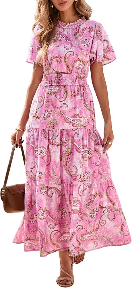 KIRUNDO Floral Maxi Dresses for Women 2026 Spring Summer Wedding Guest Short Sleeve Smocked Waist... | Amazon (US)