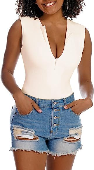 Marvmys Women Zipper V Neck Seamless Body Suits Sleveless Tank Top Going Out Bodysuit | Amazon (US)