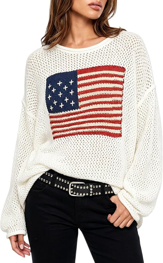 American Flag Sweater for Women Crochet Knit Long Sleeve USA Crewneck Sweatshirt Hollow Out 4th o... | Amazon (US)