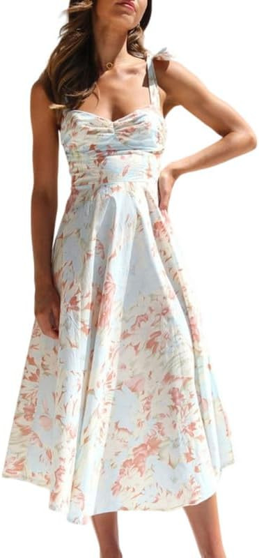 Boho Floral Corset Midi Dress Sweetheart Neck Spaghetti Strap Summer Sun Dress for Women Wedding ... | Amazon (US)