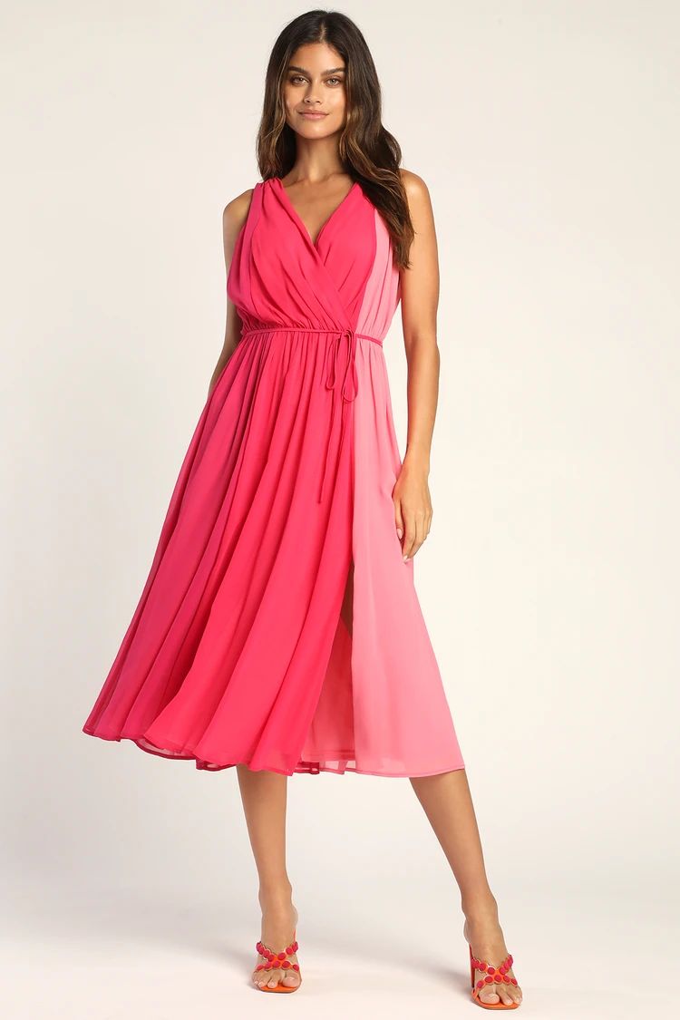Block and Roll Pink Colorblock Pleated Midi Dress | Lulus (US)