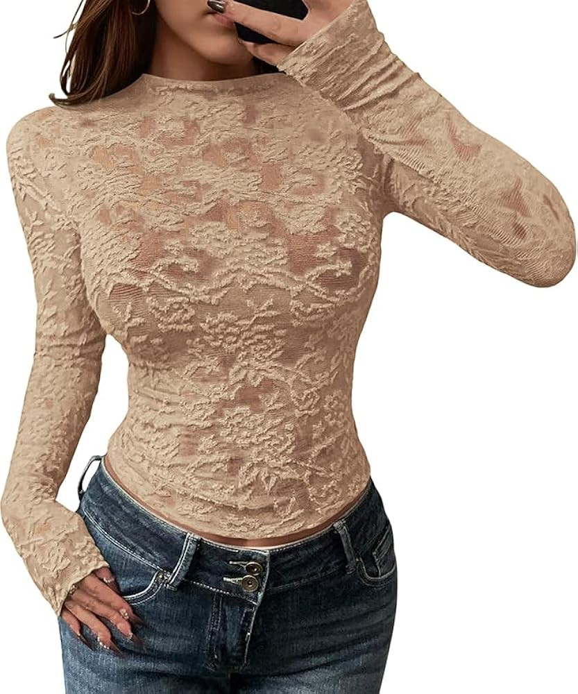 BTFBM Mesh Long Sleeve Tops for Women Lace Sexy Sheer Tight See Through Crew Neck Spring Fall 202... | Amazon (US)