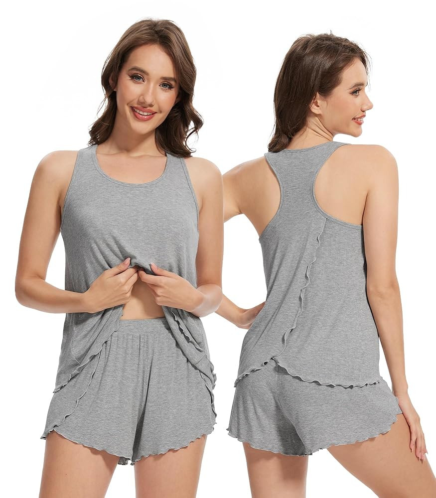 WiWi Pajama Set for Women Sexy Sleeveless Tops with Shorts Viscose from Bamboo Soft Ribbed Fabric... | Amazon (US)
