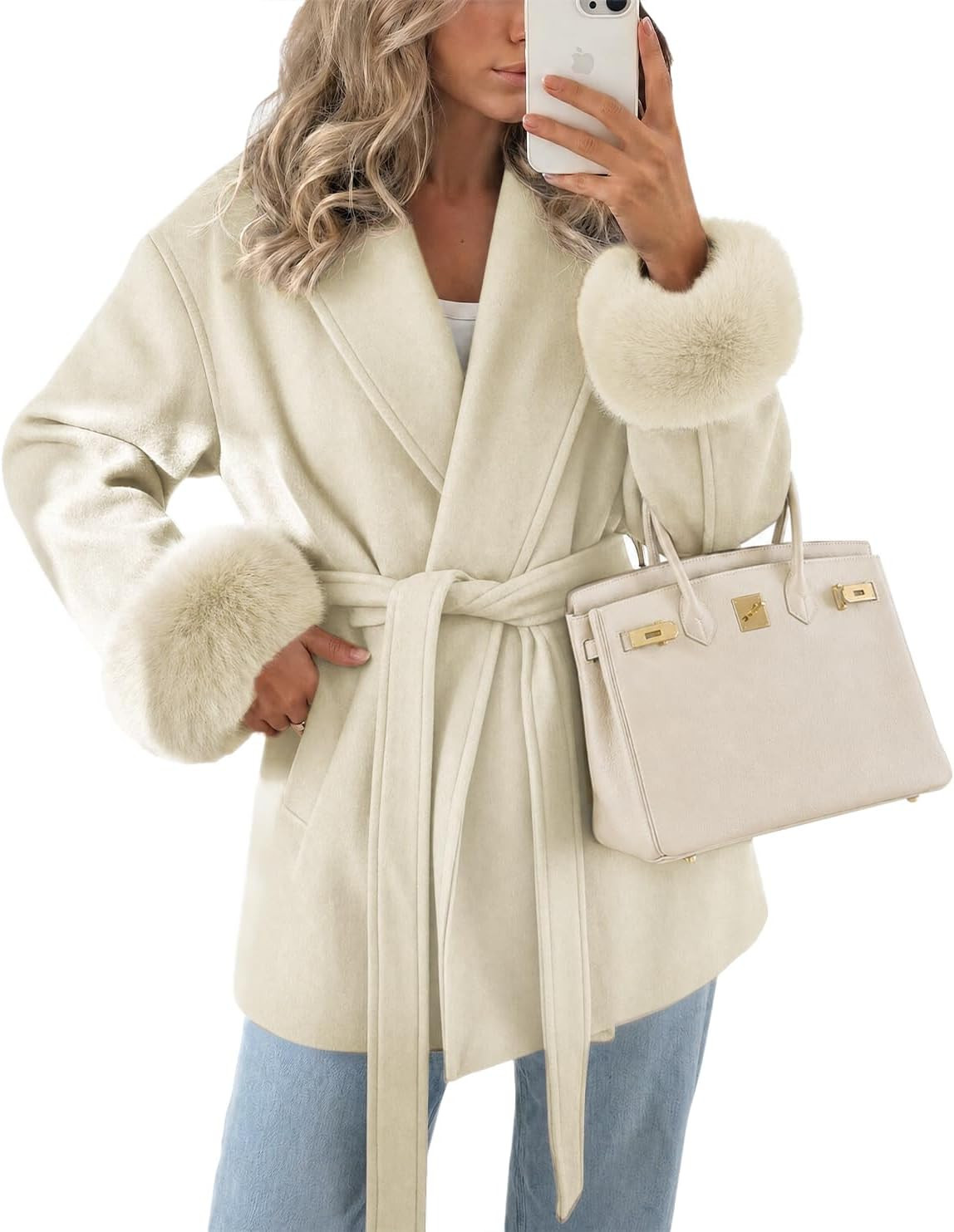 Cicy Bell Womens Winter Wrap Pea Coat Faux Fur Lapel Belted Overcoat | Amazon (US)