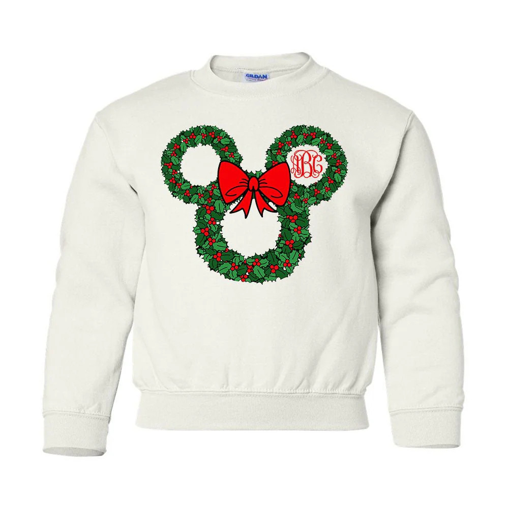 Kids Monogrammed 'Minnie Christmas Wreath' Crewneck Sweatshirt | United Monograms
