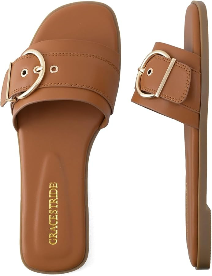 Flat Sandals for Women Fashion Square Open Toe Slip On Slides Sandals Summer | Amazon (US)