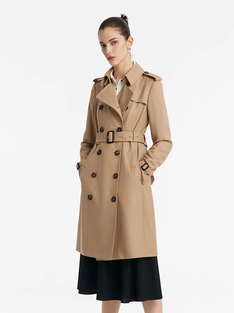 Worsted Wool Gathered Waist Double-Breasted Women Trench Coat | GOELIA