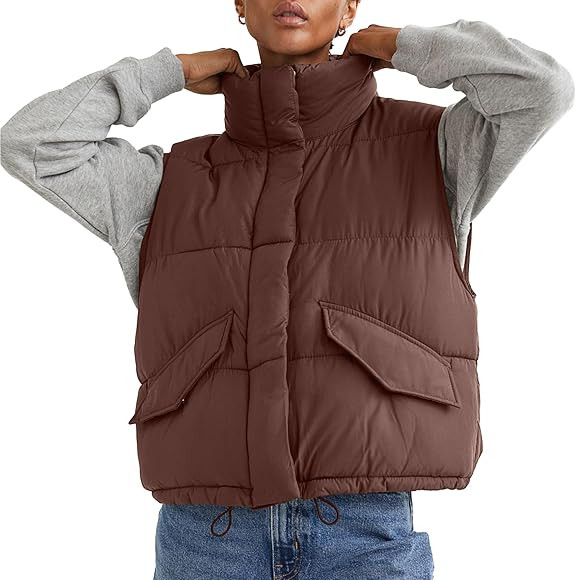 Hixiaohe Women's Winter Cropped Puffer Vest Lightweight Padded Gilet Stand Collar Zip Up Warm Sle... | Amazon (US)