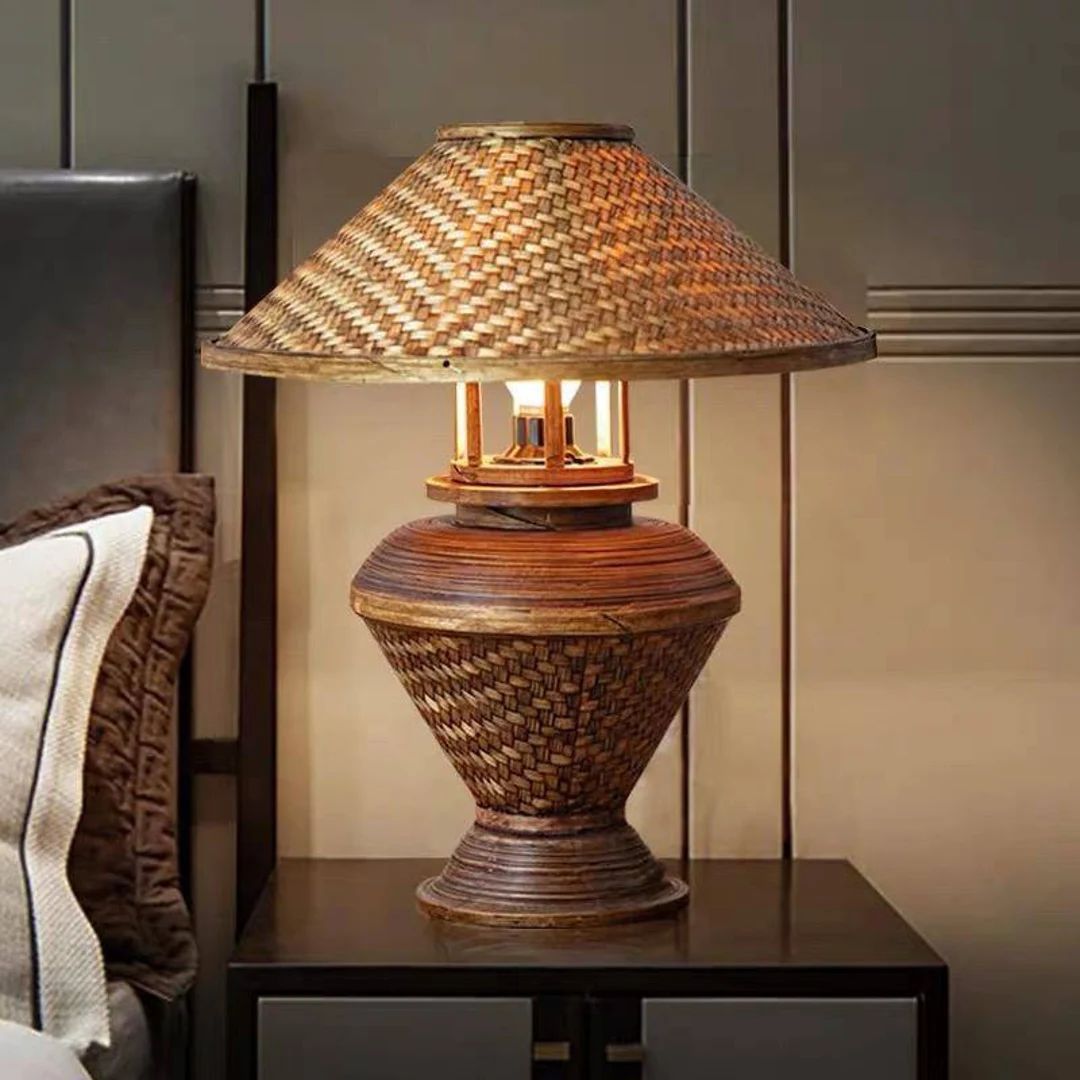 Vintage lamp lighter bamboo wicker basketry desk natural shade handmade thai art origin diy home | Etsy (US)