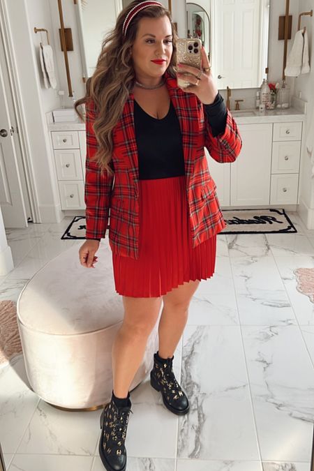 festive curvy outfit! wearing size large in black v neck bodysuit, size 14 in red tartan blazer, and size large in red pleated silk skirt 

#LTKcurves #LTKHoliday #LTKSeasonal