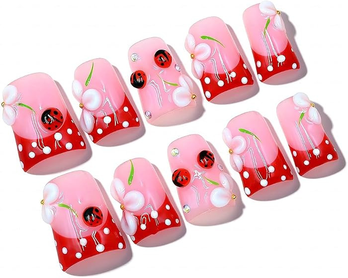 Handmade Short Duck Press On Nails, 3D petals And Ladybugs, 10 Pieces Reusable Acrylic False Nail... | Amazon (US)