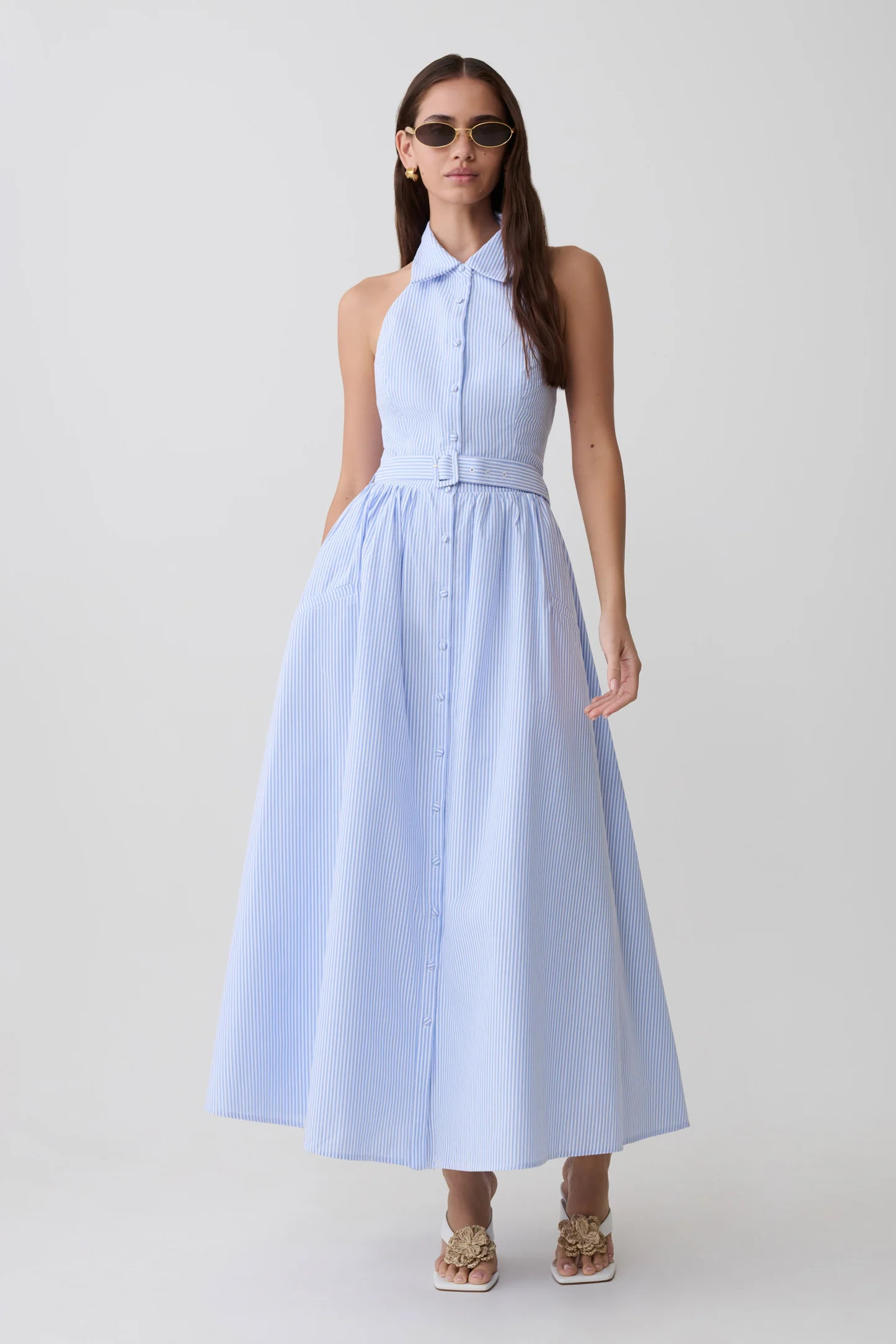Cindy Collared Midi Dress - Blue Pinstripe | MESHKI US