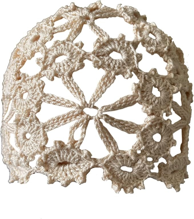 Handmade Knit Cutout Floral Beanie Hat for Women Cotton Crochet Hollow Skull Cap (Adult, Beige), ... | Amazon (US)