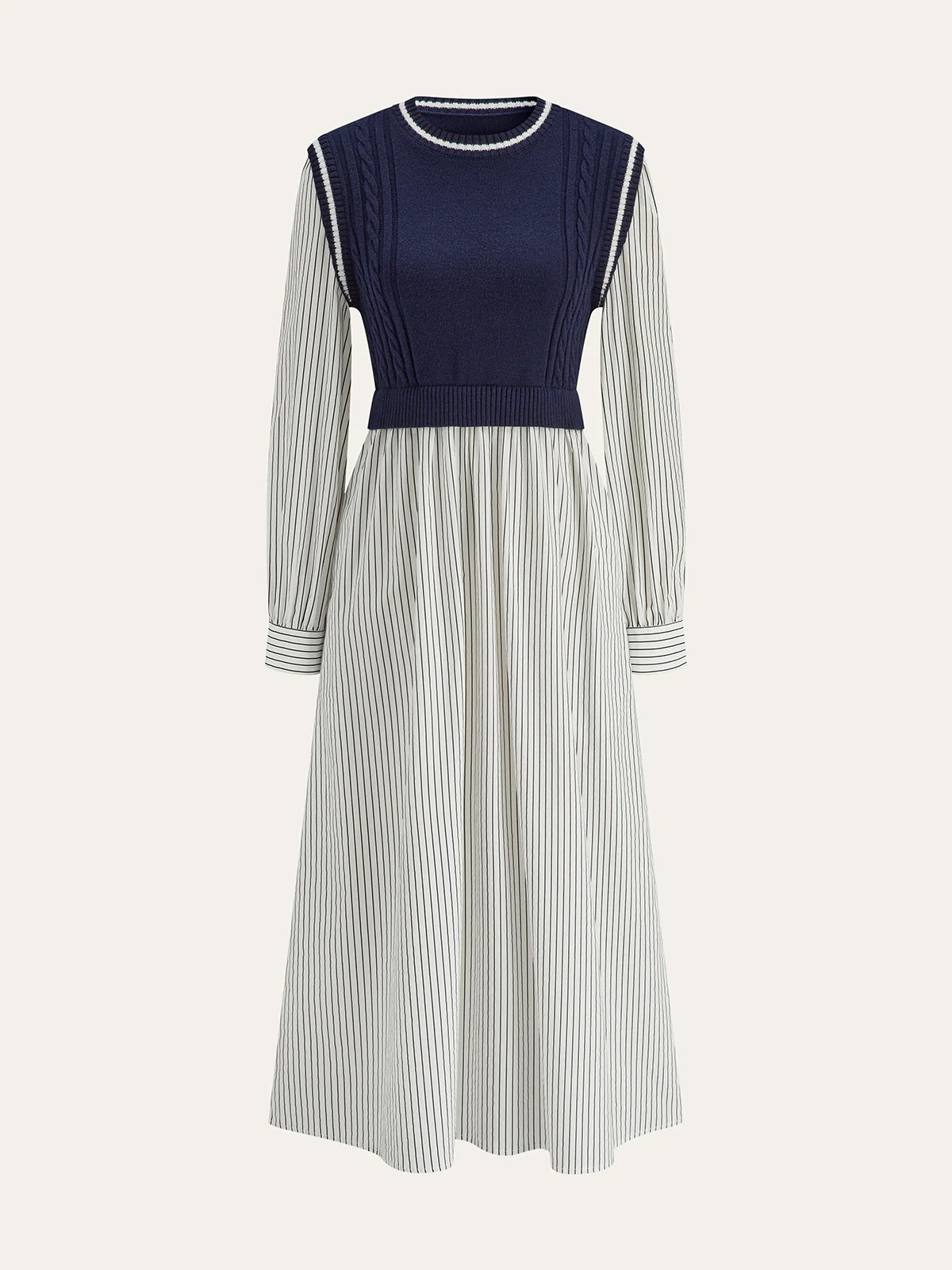 2 in 1 Cable-Knit Paneled Striped Midi Dress | Commense