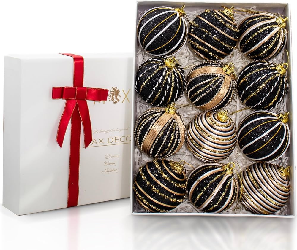 12 Pcs Christmas Ball Ornaments, 3.15 Inches Black and Gold Christmas Tree Decorations, Large Sha... | Amazon (US)