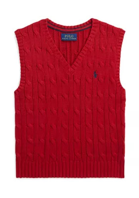 Ralph Lauren Childrenswear Kids Bpys 2-7 Cable Knit Cotton Sweater Vest, Red, 4 | Belk