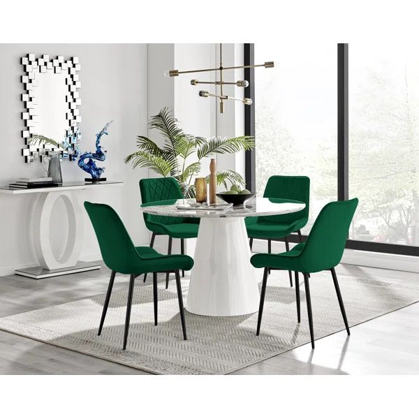 Edward Statement Marble Effect Pedestal Dining Table Set with 4 Velvet Upholstered Dining Chairs | Wayfair North America