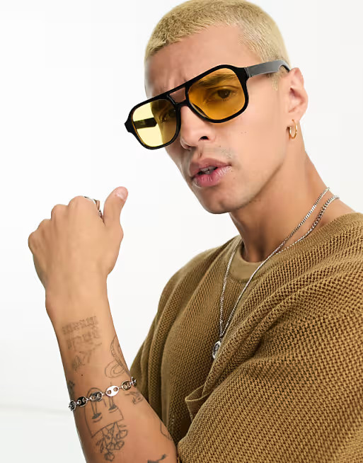 ASOS DESIGN 70's Aviator sunglasses in black frame with yellow lens - BLACK | ASOS (Global)