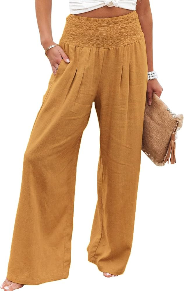 Amuver Wide Leg Linen Pants for Women Ruched Elastic High Waisted Palazzo Pants Loose Lounge Yoga... | Amazon (US)