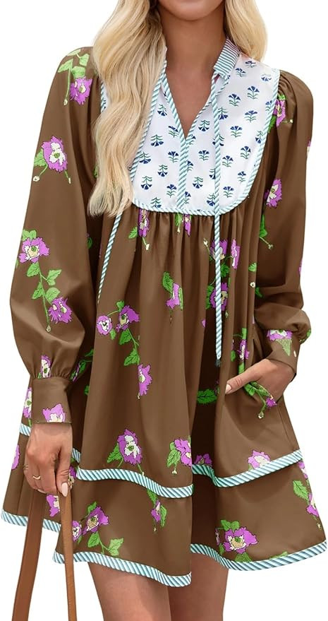 Wenrine Floral Boho Loose Mini Dress Shirt Dresses | Amazon (US)