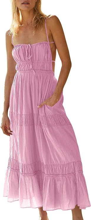 Wenrine Women's Summer Dresses Casual Long Spaghetti Straps Backless Self Tie Tiered Flowy Maxi D... | Amazon (US)
