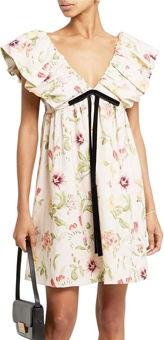 hibshaby Women's Floral Print Mini Dress V Neck Puff Sleeve Dress Short Babydoll Bow Dress | Amazon (US)