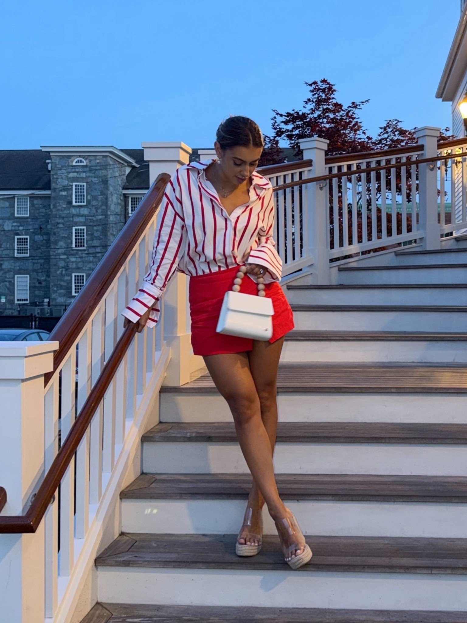 The start of Fourth of July weekend 🇺🇸 

• Newport, RI, red and white, revolve, mango, Olga berg, summer ootd, red white and blue, women’s button down, red skort, red skirt