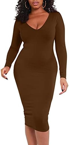 BORIFLORS Women's Sexy Bodycon Long Sleeve Deep V Neck Club Party Midi Pencil Dresses | Amazon (US)