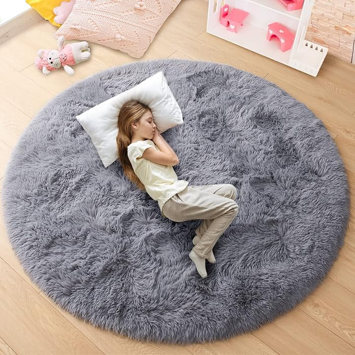 junovo Round Rug 4x4 Feet Fluffy Soft Area Rugs for Kids Girls Room Princess Castle Plush Shaggy ... | Amazon (US)