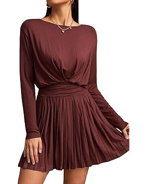 WDIRARA Women's Ruched Waist Pleated Hem Dress Long Sleeve Round Neck Solid Dresses | Amazon (US)