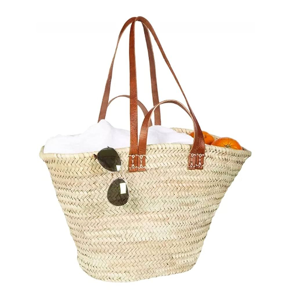 FRENCH BASKET with double flat leather handles, straw bag, beach bag, basket bag, straw basket, s... | Amazon (CA)