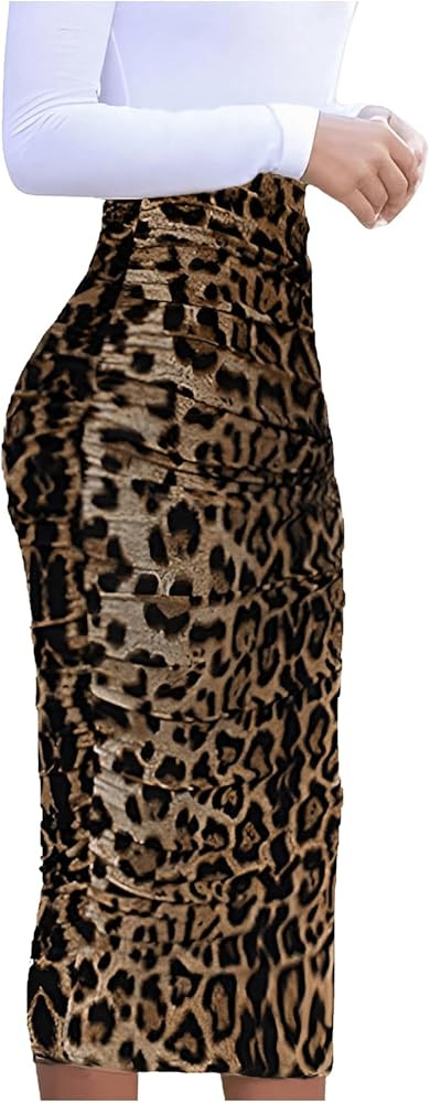 Floerns Women's Elegant Leopard Print Ruched Bodycon Pencil Long Skirts | Amazon (US)