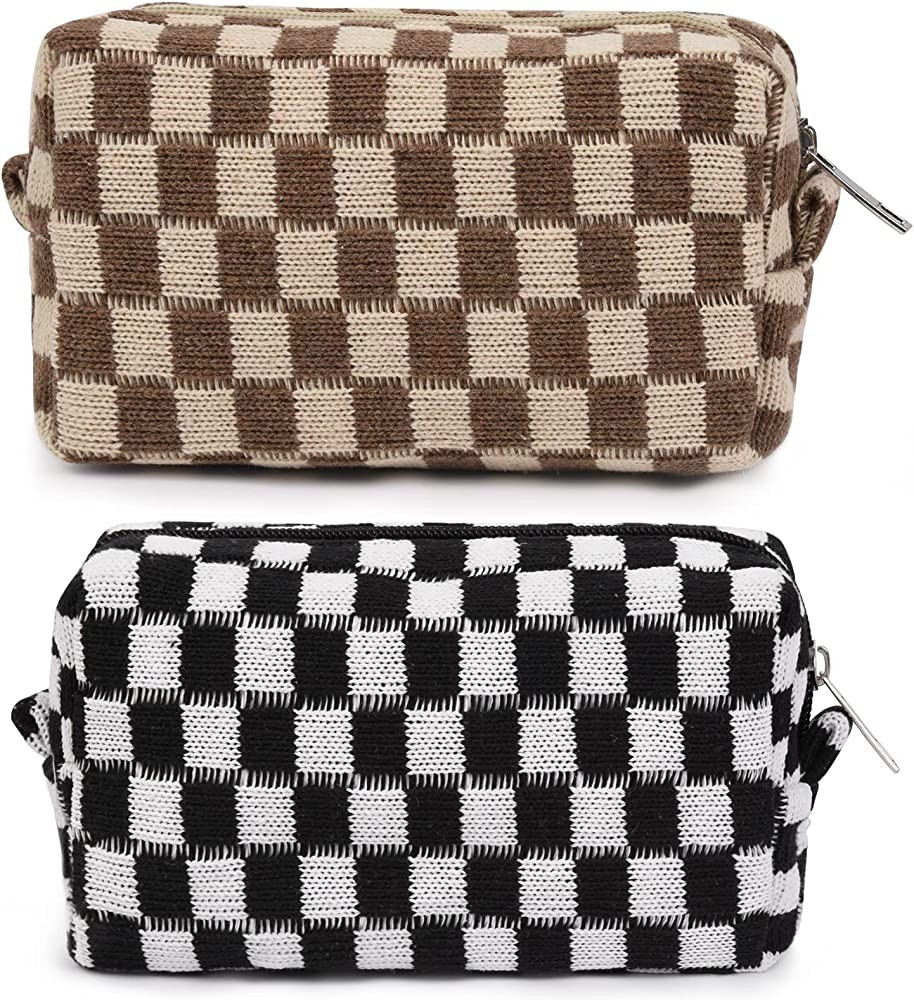 2 Pieces Makeup Bag Checkered Cosmetic Bag Black Brown Makeup Pouch Travel Toiletry Bag Organizer Cu | Amazon (US)