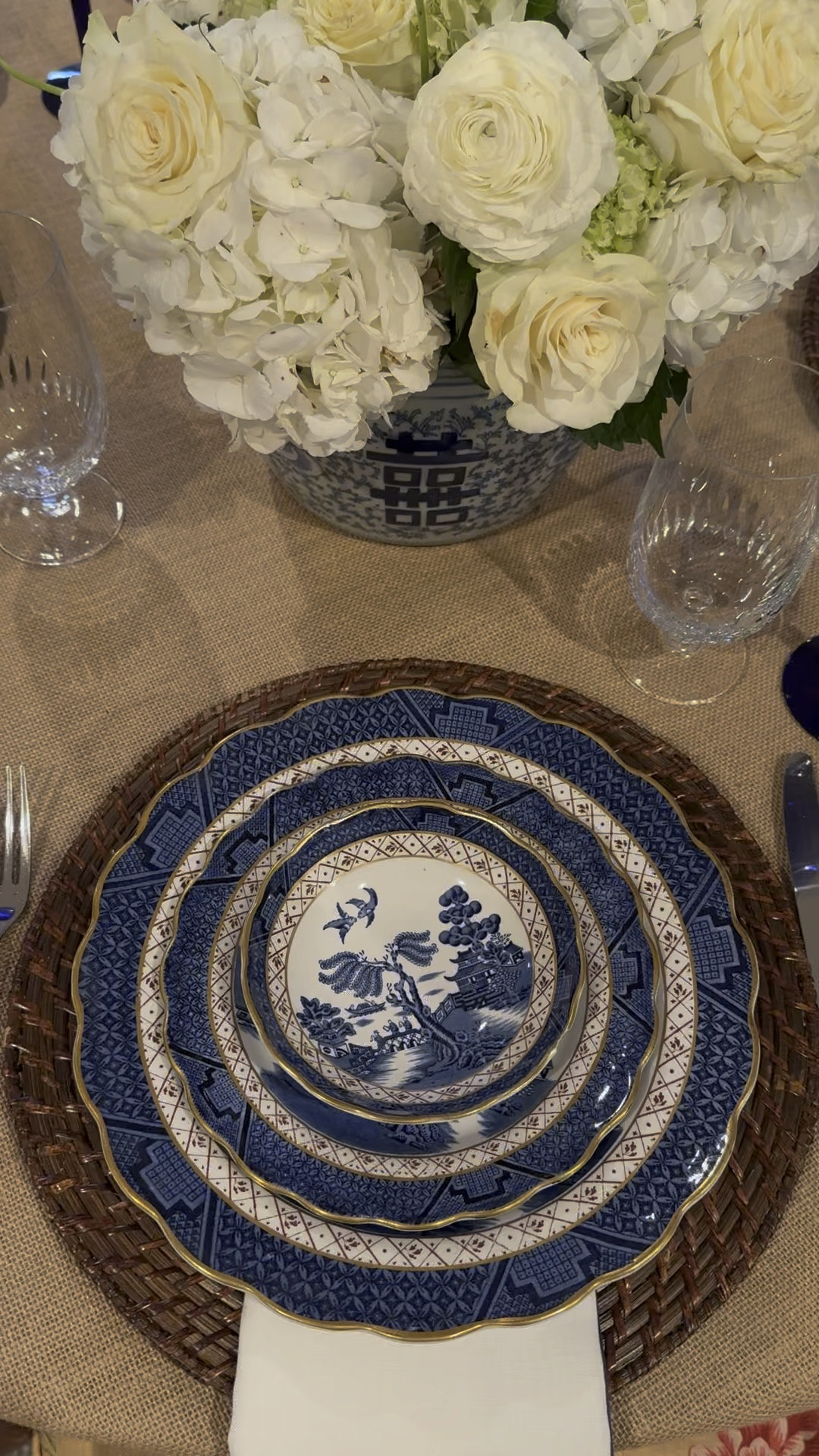 Stunning table with Booths Real Old Willow. I’ve styled it with Solino home napkins, Ballard Designs burlap tablecloth, and Couzon Le Pearl stainless. 
Love love love.!💙🤍

#LTKwedding #LTKhome #LTKstyletip