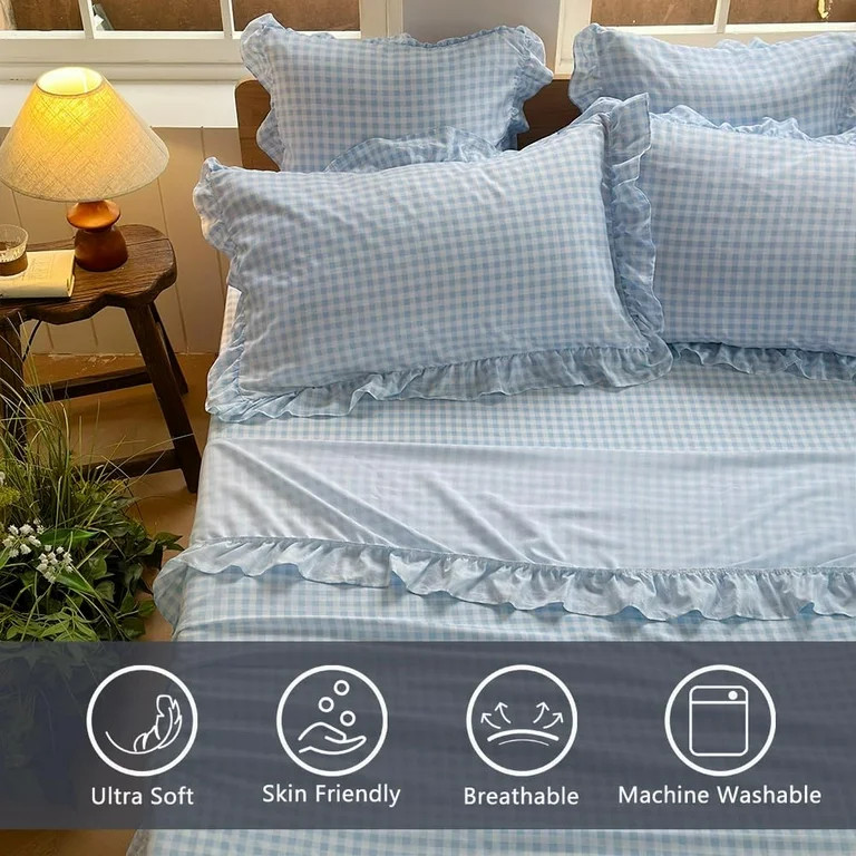 Light Blue Gingham Ruffle Queen Sheet Set, Blue Soft Pre-Washed Microfiber Plaid Ruffled Queen Be... | Walmart (US)
