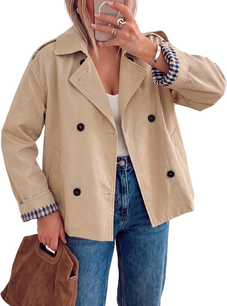 Dqbeng Womens Cropped Trench Coat Double Breasted Short Trench Jacket with Plaid Lining | Amazon (US)