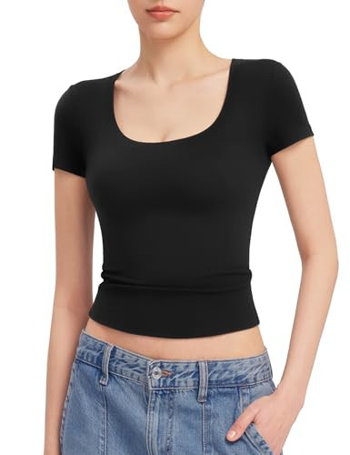 PUMIEY Short Sleeve T Shirts for Women Scoop Neck Top Basic Going Out Crop Tops Summer Slim Fit Tee Shirt Jet Black, XXX-Large | Amazon (US)