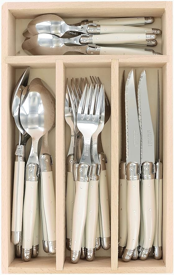 Laguiole Debutant 24 Piece Flatware Set, Steak Knives, Forks, Soup Spoons, Teaspoons, Ivory Color... | Amazon (US)