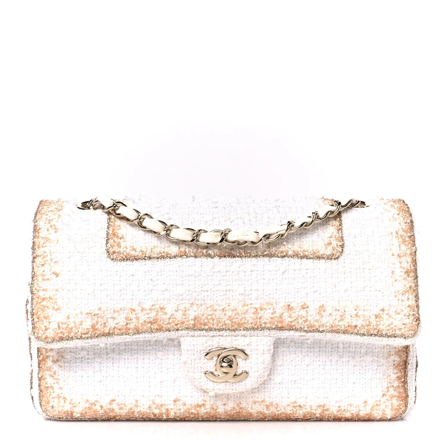 Metallic Tweed Medium Double Flap White Gold | FASHIONPHILE (US)