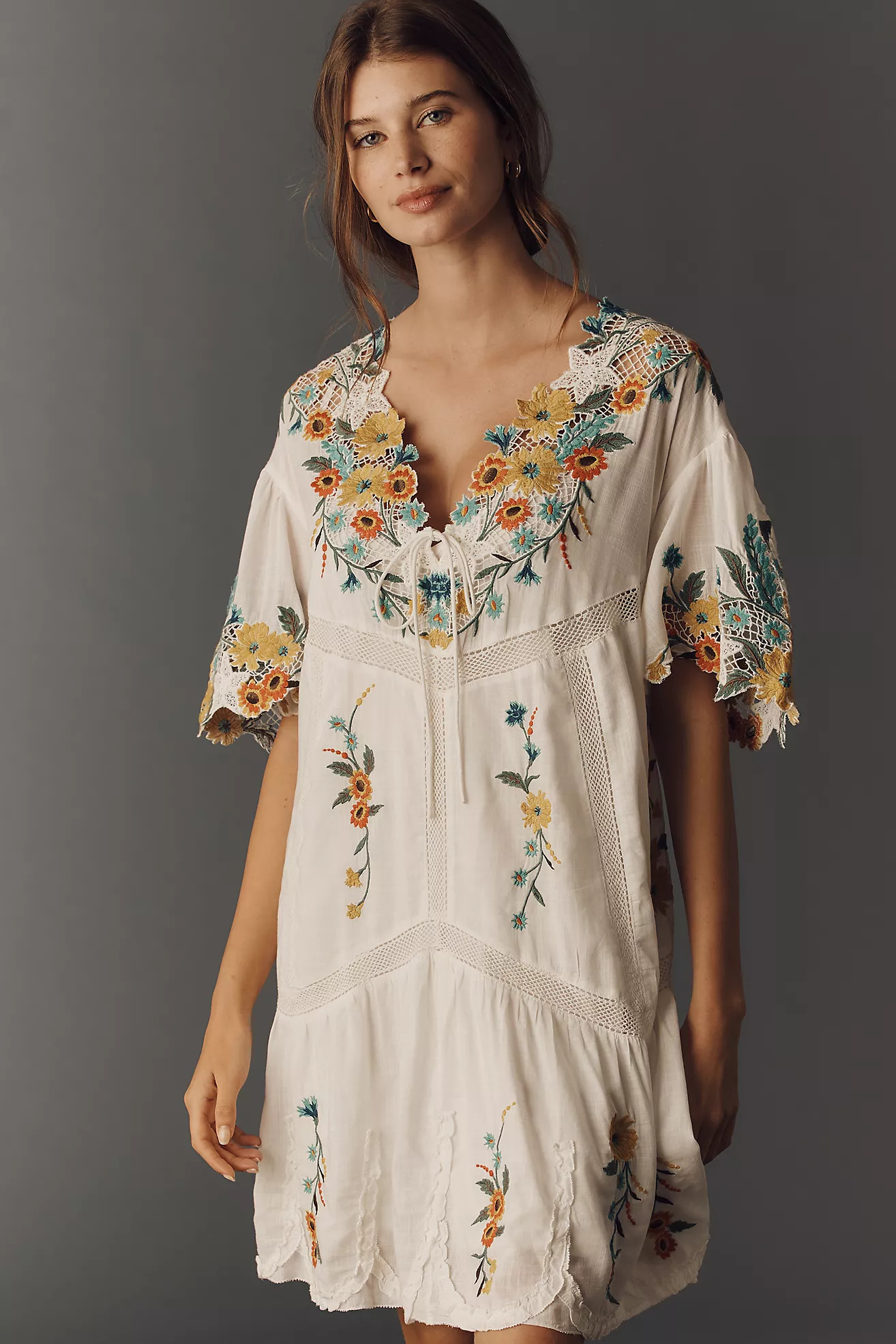 By Anthropologie Embroidered Short-Sleeve Mini Swing Dress | Anthropologie (US)
