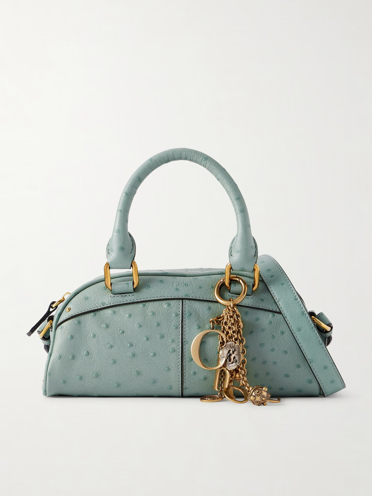 Chloé - Bowling Embellished Ostrich-effect Leather Shoulder Bag - Blue | NET-A-PORTER (US)