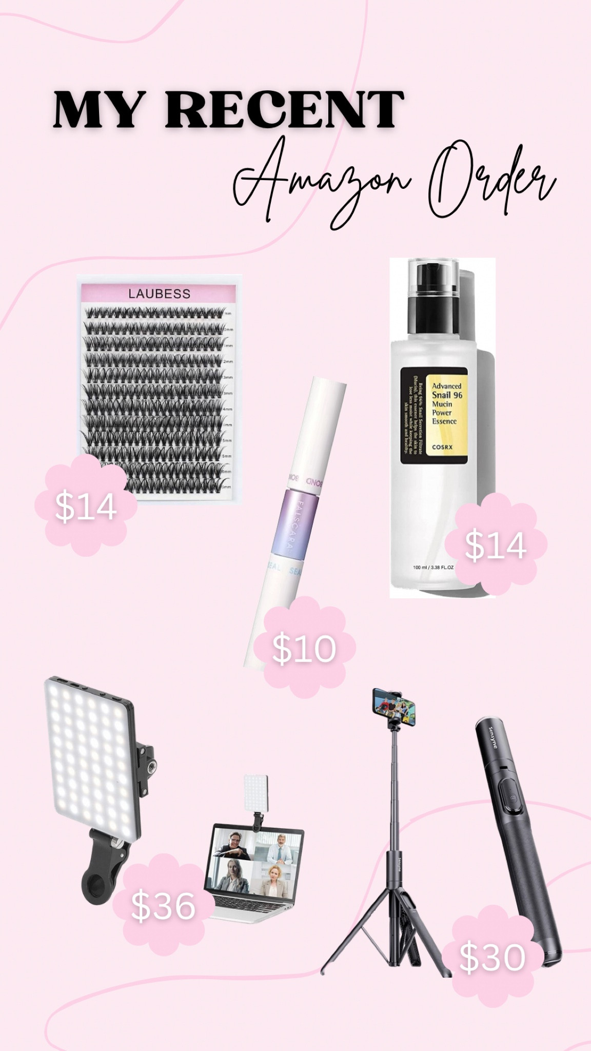 Lash clusters, falscara, snail mucin, tripod, LED selfie light