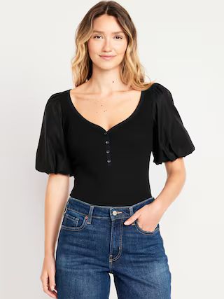 Puff-Sleeve Mixed Fabric Top | Old Navy (US)