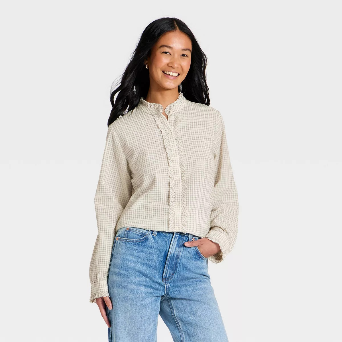 Women's Ruffle Long Sleeve Button-Up Ruff Collared Neck Blouse - Universal Thread™ Cream Plaid ... | Target