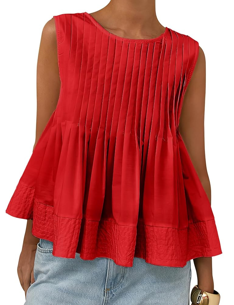 PEHMEA Women's Summer Pleated Peplum Tank Tops, Cute Sleeveless Round Neck Babydoll Blouse Shirt ... | Amazon (US)